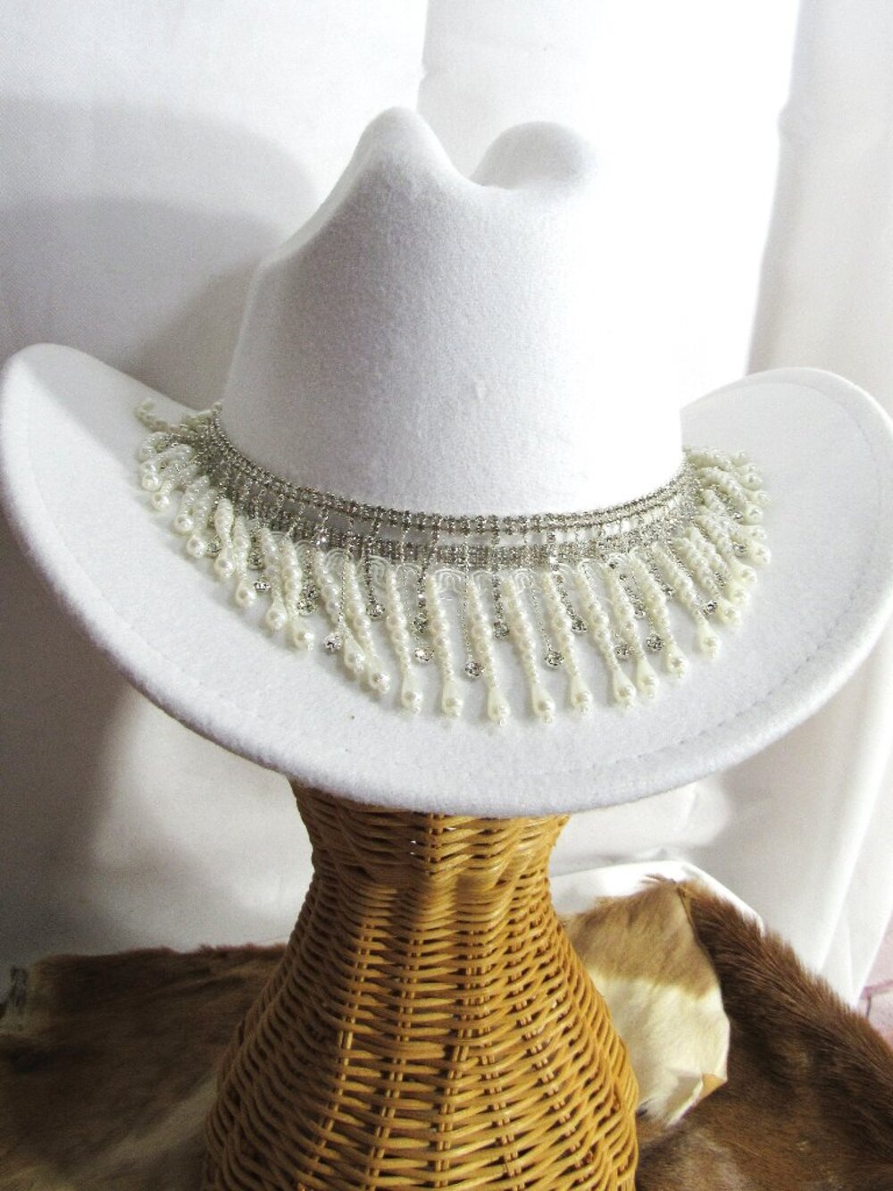 WOMAN'S WESTERN COWGIRL HAT, WHITE  PEARLS + RHINSTONES FRINGE